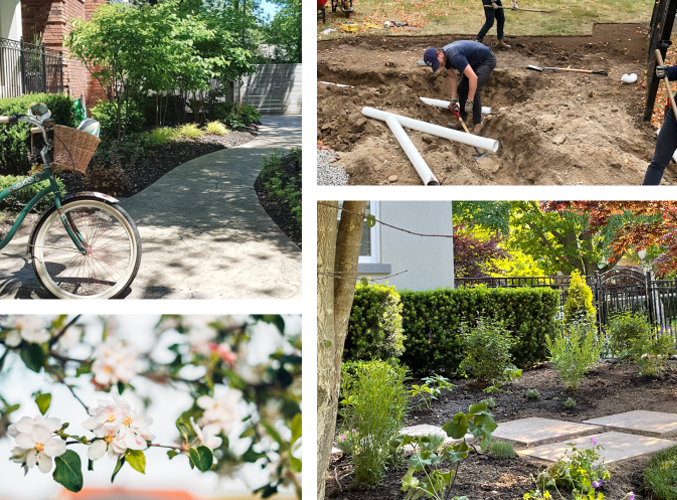 Tiled collage of out door landscaping and Cudmore's crew working.