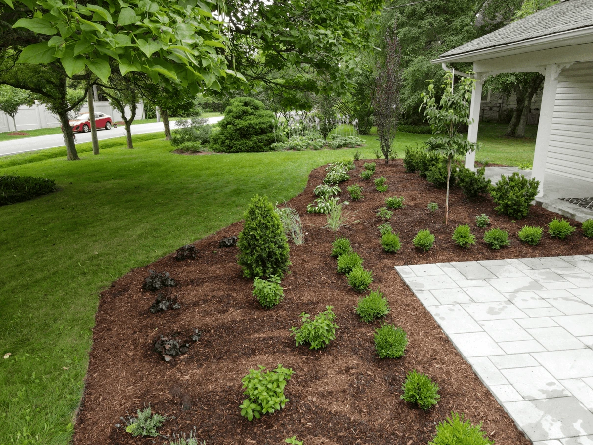 Image of a wood chip filled flower bed with a well manicured lawn.